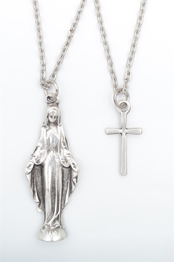 2'li Minimal Haç - Meryem Ana Erkek Kadın Kolye Seti 925 Ayar Gümüş Kaplama