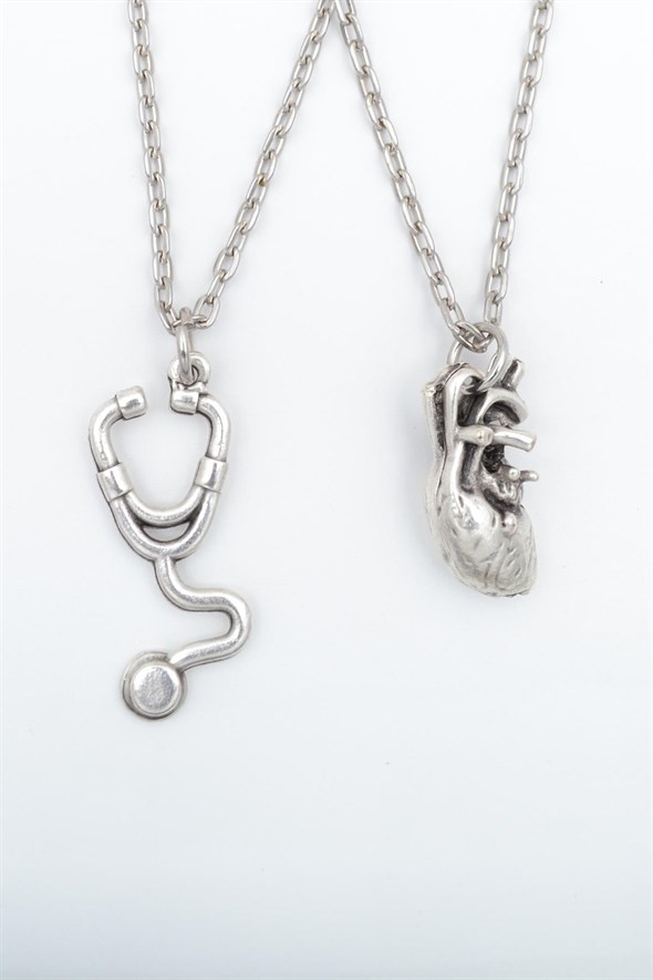 2'li Steteskop - Kalp Erkek Kadın Kolye Seti 925 Ayar Gümüş Kaplama