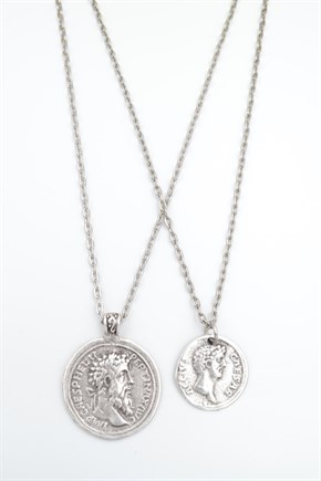 2'li Antik Roma Sikkesi Madalyon Ve Sezar Sikke Erkek Kadın Kolye Seti 925 Ayar Gümüş Kaplama