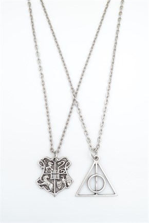 2'li Harry Potter Ölüm Yadigarları Üçgen - Hogwarts Erkek Kadın Kolye Seti 925 Ayar Gümüş Kaplama