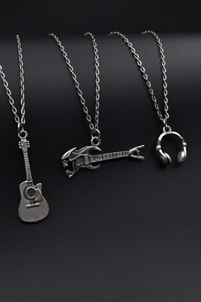 3'lü Klasik Akustik Gitar Kuru Kafa Gitar Kulaklık Erkek Kadın Kolye Seti Gümüş Kaplama 60 cm Zincir