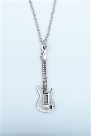 3'lü Klasik Elektron Gitar Kuru Kafa Gitar Erkek Kadın Kolye Seti Gümüş Kaplama - 60 cm Zincir